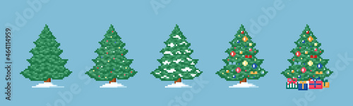 Pixel art Christmas tree set. 8 bit video game decorations collection with deferent types of Christmas trees. Vector isolated vintage icon.
