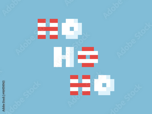 Pixel art Christmas ho ho ho lettering label. 8 bit video game decoration with Christmas quote. Pixel art winter letters. Vector christmas text phrase in vintage style for print or design element.