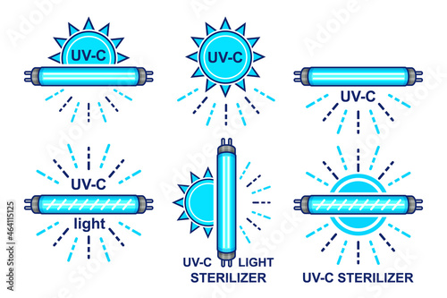 UV disinfection light bulb, quartz sterilizer lamp icon set. UVC ultraviolet antibacterial sterilization rays disinfect air, cleaning surface. Coronavirus, bacteria killing. Hospital hygiene. Vector