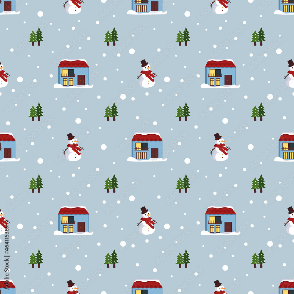 custom made wallpaper toronto digitalSeamless pattern with festive Christmas houses, snowman, trees and snowflakes on blue background. Bright print for the New Year and winter holidays for wrapping paper, textiles and design.
