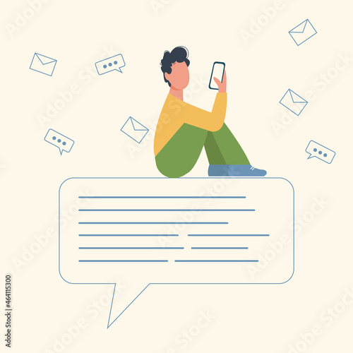 Young boy sending messages via smartphone sitting on text bubble or cloud. Online chat communication template. Typing sms on mobile phone via messenger flat vector illustration. Chatting online.
