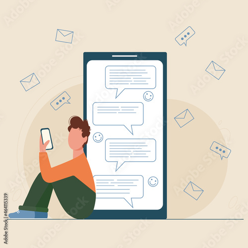 Boy is typing sms online sitting on the floor. Young man chatting via messenger on smartphone. Mobile phone screen with text bubbles or clouds and smiles. Cell phone communication illustration.