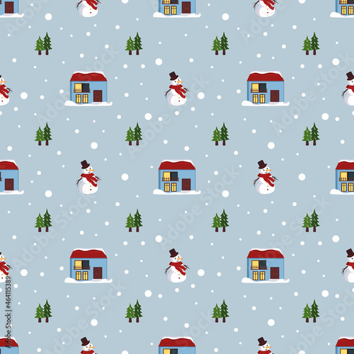 Wallpaper Mural Seamless pattern with festive Christmas houses, snowman, trees and snowflakes on blue background. Bright print for the New Year and winter holidays for wrapping paper, textiles and design. Torontodigital.ca