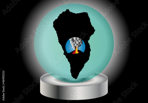 El futuro de la isla de La Palma, Canarias. Silueta de La Palma con un volcán dentro de una bola de cristal.