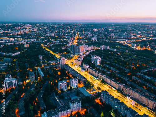 Night landscape aerial photo of Chisinau, the capital of Moldova. photo
