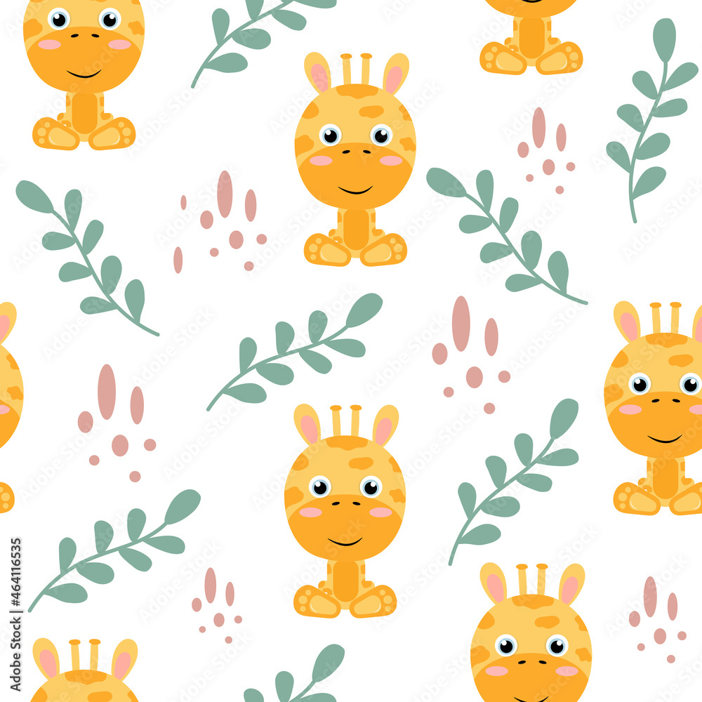 Naklejka premium Cute giraffe seamless pattern. Vector illustration in flat style.