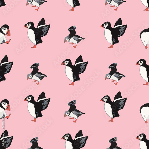 Vector pink background ocean seabird, arctic birds, puffins. Seamless pattern background