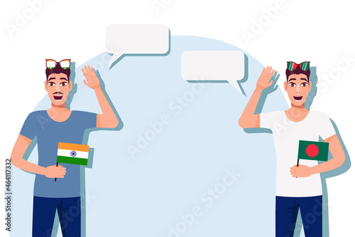 Vector illustration of people speaking the languages of India and Bangladesh. Illustration of translation, transcription and dialogue between India and Bangladesh.