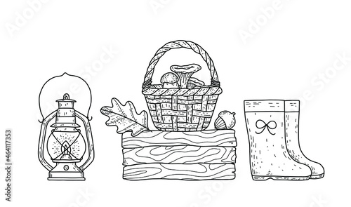 Vector autumn illustration with mushroom harvest, wicker basket, rain boots, kerosene lantern, wood box. Cute and cozy things.