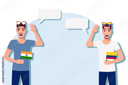 Men with Indian and Colombian flags. Background for the text. The concept of sports, political, education, travel and business relations between India and Colombia. Vector illustration.