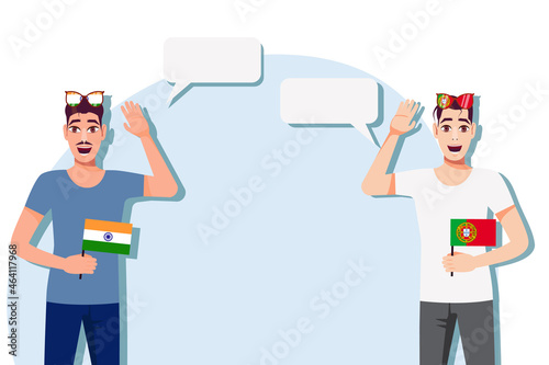 Vector illustration of people speaking the languages of India and Portugal. Illustration of translation, transcription and dialogue between India and Portugal.