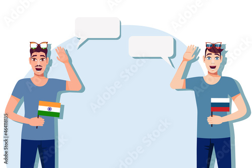 Men with Indian and Russian flags. Background for text. Communication between native speakers of India and Russia. Vector illustration.