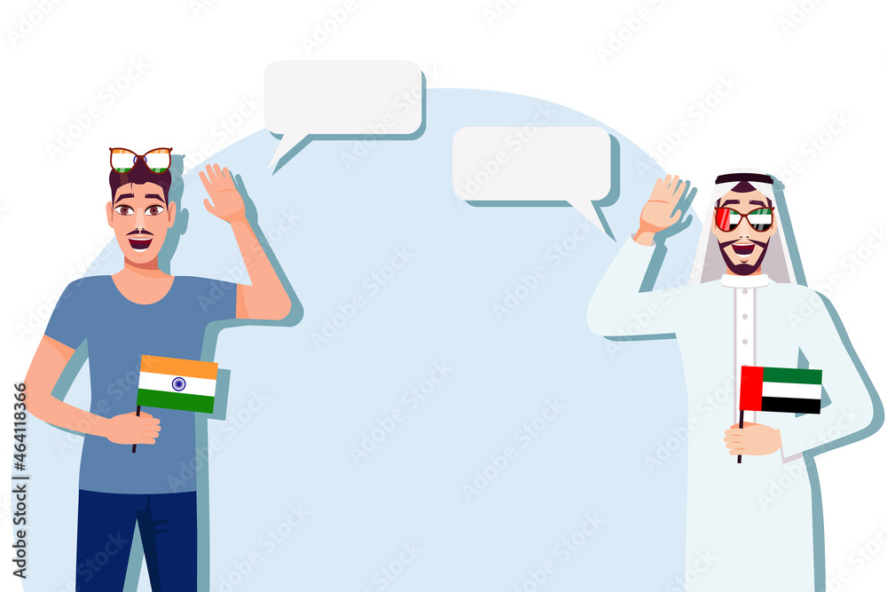 Men with Indian and UAE flags. The concept of international communication, education, sports, travel, business. Dialogue between India and the UAE. Vector illustration.