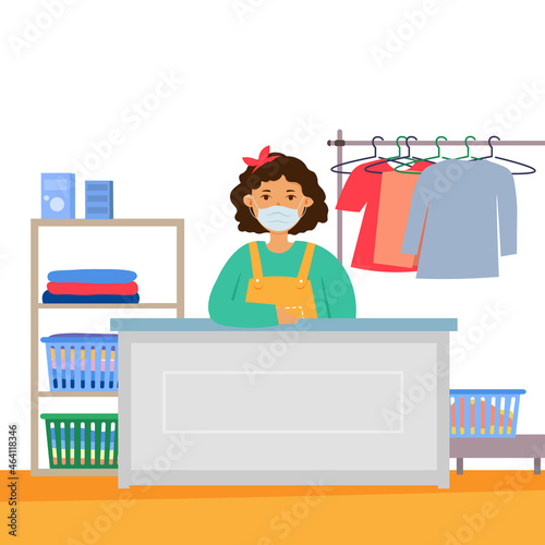 Happy woman laundry.  
Female cleaning service worker at the counter in medical protective mask