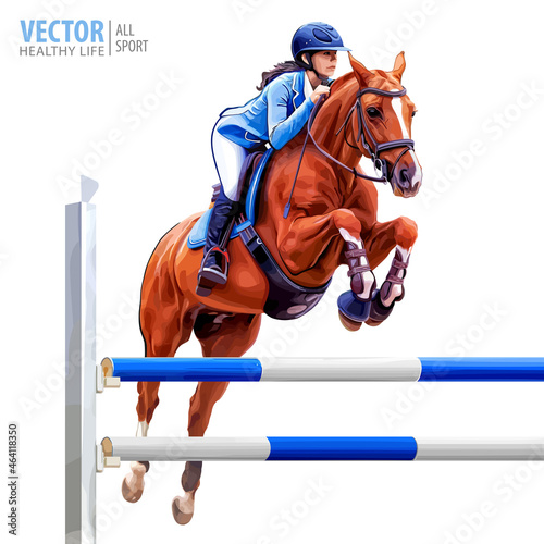 Jockey on horse. Champion. Horse riding. Equestrian sport. Jockey riding jumping horse. Poster. Sport background. Isolated Vector Illustration