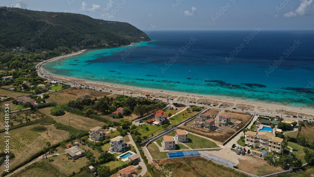 Aerial drone photo of paradise bay and sandy beach of Agios Ioannis a true paradise for wind surfing and kite boarding water sports, Lefkada island, Ionian, Greece