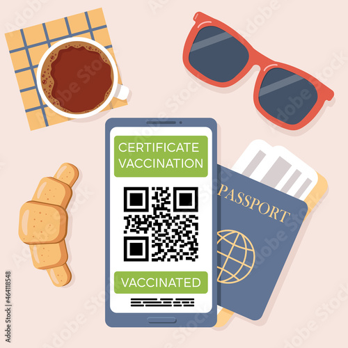 Certificate of vaccination against COVID-19 coronavirus with QR code on smartphone screen. Top view of table in airport cafe. Passport with ticket, sunglasses, cup of coffee, croissant. Vector