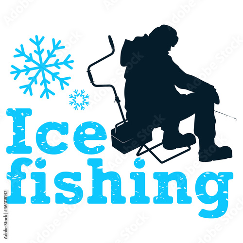 Fisherman in warm clothes on ice fishing