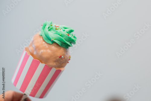 Giant Sweet Cupcake Cake Pop with Green Frosting and pink chocolate and multi colored Sprinkles