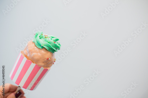 Giant Sweet Cupcake Cake Pop with Green Frosting and pink chocolate and multi colored Sprinkles