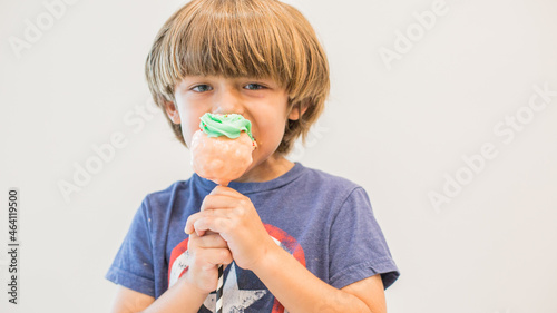 Young Boy Eating a Giant Cupcake Cake Pop with green icing pink chocolate and multi colored Sprinkles at a Birthday Party in front of a wall.