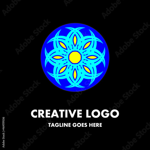 blue flower logo in dots. illustration of flowers with sunshine. creative and simple vector logo. abstract logo design. company or business logo template