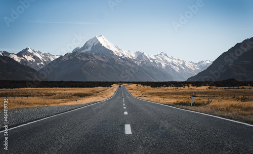 Road to Mt Cook, the highest mountain in New Zealand. Scenic highway drive along Lake Pukaki in Aoraki Mt Cook National Park, South Island of New Zealand.