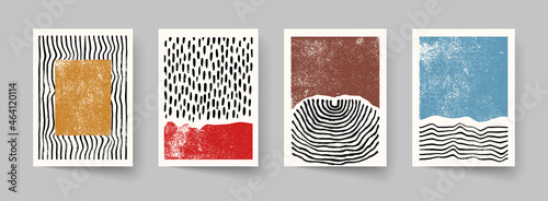 Set of abstract hand drawn compositions. Minimal geometric posters. Boho wall decor.