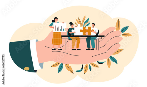 Care for personnel. Boss creates good atmosphere in team. Teamwork, colleagues, partners. Man and girls collect puzzles on hand of businessman. Cartoon vector illustration isolated on white background