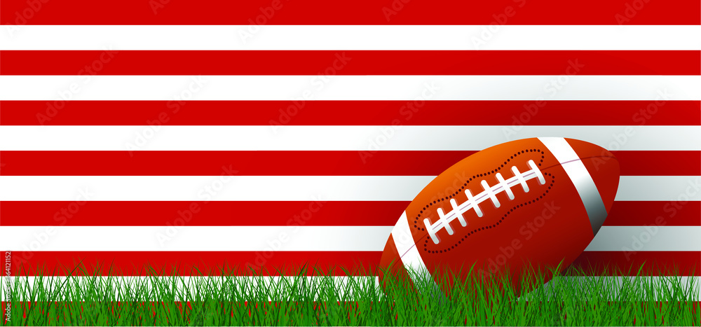 American football on green grass field. Sport team game cup. Rugby ball  day. Funny super bowl weekend party. USA flag, sport finale, school games  or on street. Vector template background sign. Stock
