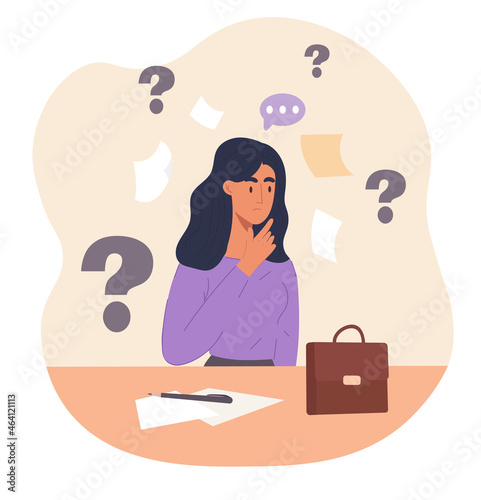 Confused woman concept. Pensive girl sits and props her head with her hand. Life questions, uncertainty. Frustration, problem, solve. Cartoon flat vector illustration isolated on white background
