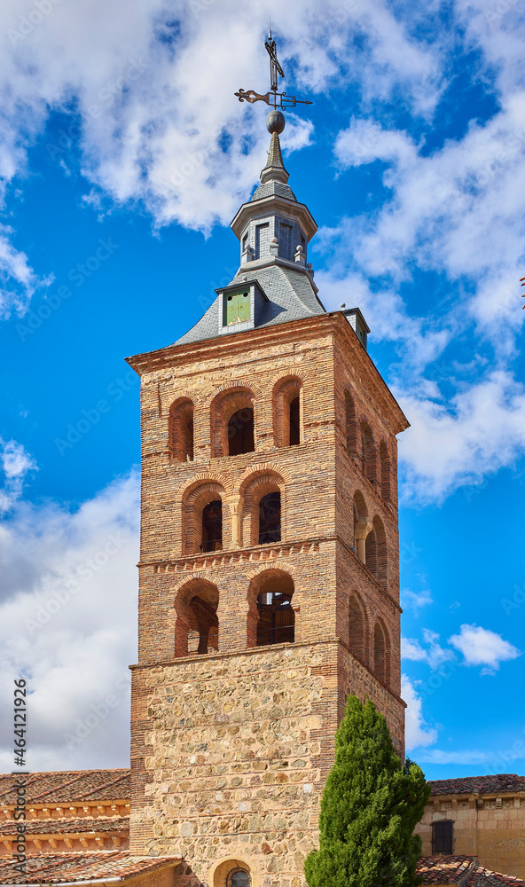The Bell tower of the San Andres church, in the Plaza de la Merced square. Segovia, Spain.