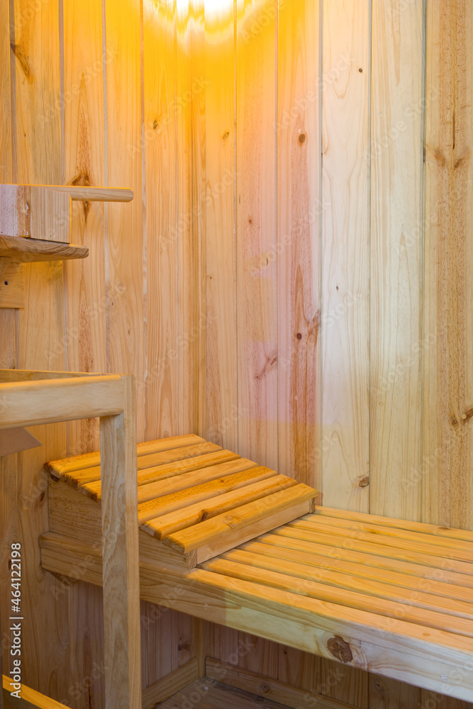 Interior of wood steam sauna cabin