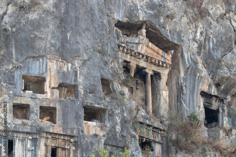 Obraz premium Fethiye, Turkey - September 16, 2021. Lycian rock cut tombs of Fethiye.