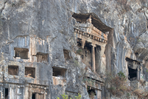 Fethiye, Turkey - September 16, 2021. Lycian rock cut tombs of Fethiye. © Serhii