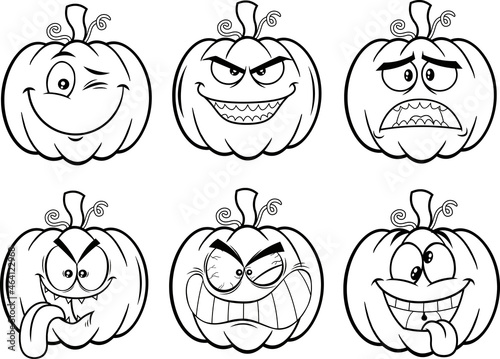 Outlined Halloween Pumpkin Cartoon Emoji Face Characters. Vector Hand Drawn Collection Set Isolated On White Background