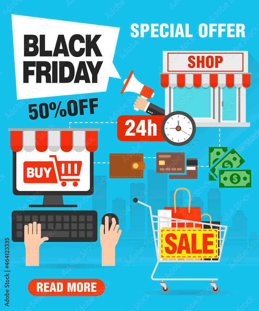 Fototapeta premium Special offer Black friday 50% off sale concept flat design with shopping cart, basket. Vector illustration
