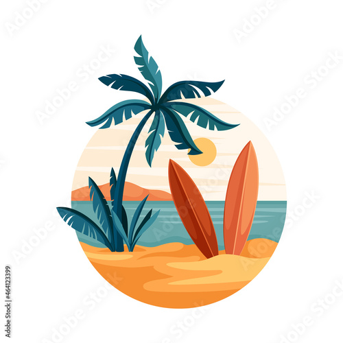 Tropical Landscape with Shining Sun and Sandy Beach with Surfboard in Circle Closeup Vector Illustration