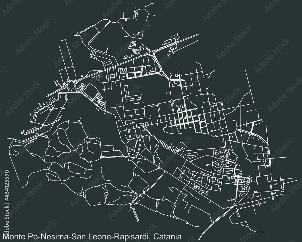 Detailed negative navigation urban street roads map on dark gray background of the quarter Monte Po-Nesima/San Leone-Rapisardi district of the Italian regional capital city of Catania, Italy