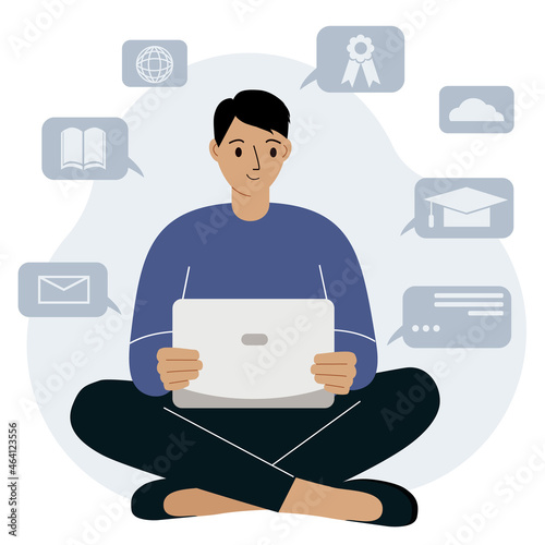 Online education, self-study concept. A man sits with a laptop on her lap and studies. Education related icons set