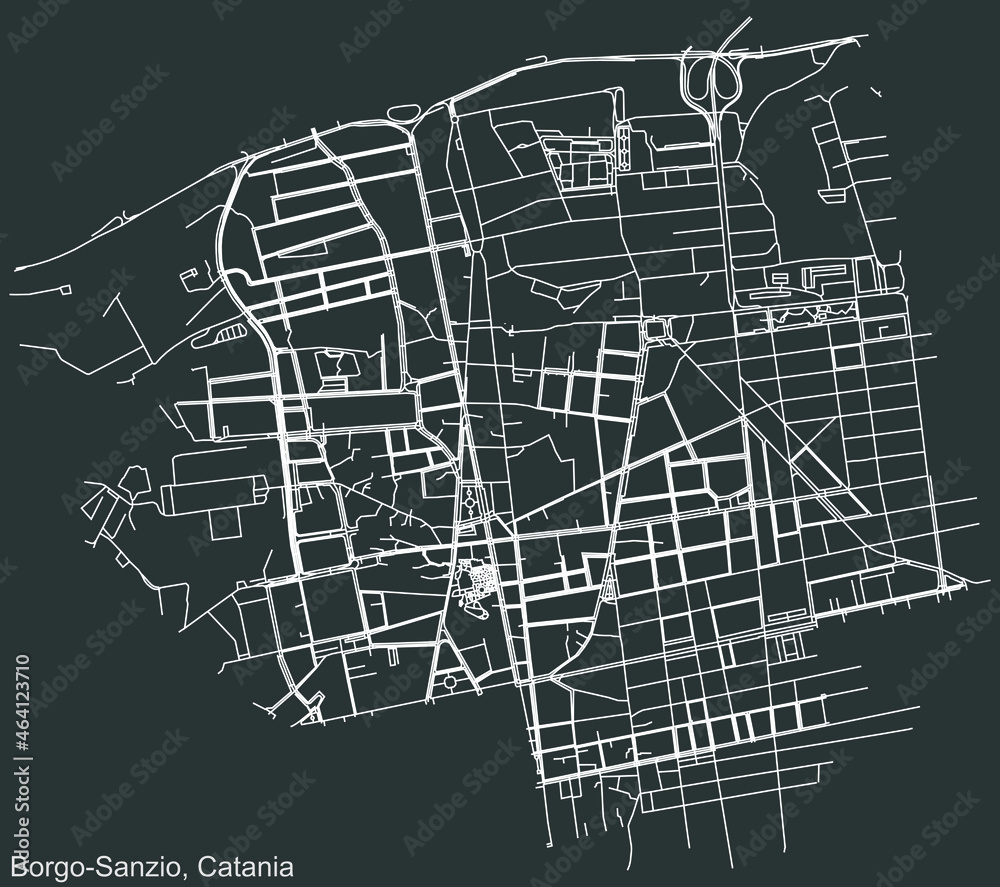 Detailed negative navigation urban street roads map on dark gray background of the quarter Borgo-Sanzio district of the Italian regional capital city of Catania, Italy
