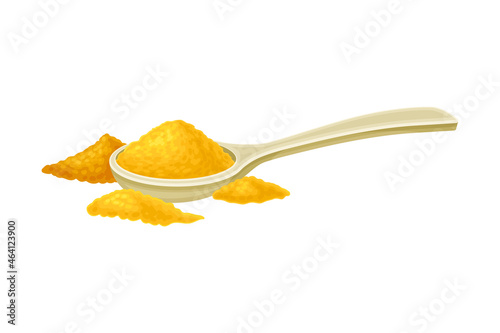 Turmeric or Curcuma Longa Dried Rhizome Powder in Spoon Used in Asian Cuisine Closeup Vector Illustration