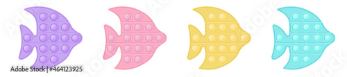 Set of popit fish in style a fashionable silicon fidget toys. Addictive antistress toy in pastel colors - pink, blue, yellow, purple. Bubble sensory developing pop it for kids fingers. Isolated vector