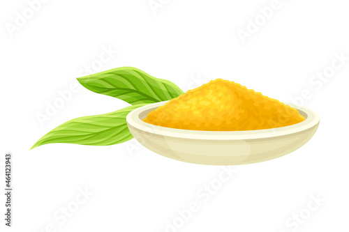 Turmeric or Curcuma Longa Powder Used in Asian Cuisine Piled in Bowl with Green Leaf Nearby Closeup Vector Illustration