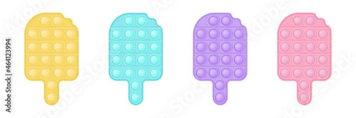 Set of popit ice cream in style a fashionable silicon fidget toys. Addictive antistress toy in pastel colors - pink, blue, yellow, purple. Bubble sensory developing pop it for kids fingers. Isolated