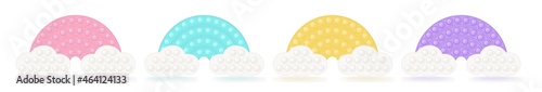 Set of popit rainbows on the clouds as a fashionable silicon fidget toys. Antistress toy for fidget in pastel colors. Bubble sensory popit toy. Vector illustration isolated on a white background.
