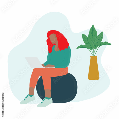 Black woman sitting on fitness ball while using laptop. Freelancers working on laptops and computers at home. Work or study from home vector illustrations. 