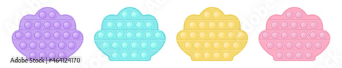 Set of popit cake in style a fashionable silicon fidget toys. Addictive antistress toy in pastel colors - pink, blue, yellow, purple. Bubble sensory developing pop it for kids fingers. Isolated vector