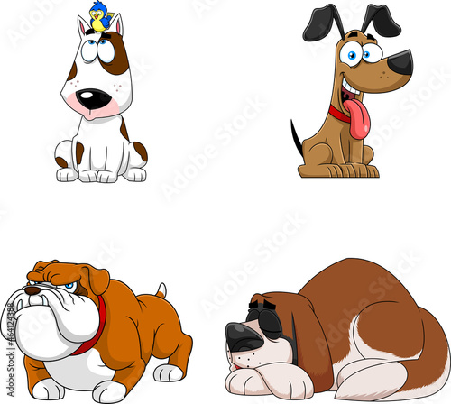 Breed Dog Cartoon Characters. Vector Hand Drawn Collection Set Isolated On White Background
