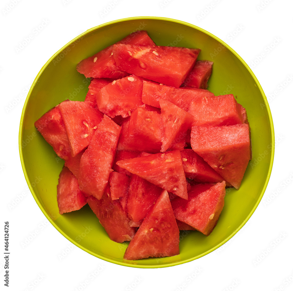 Close up of fresh slices of red watermelon, delicious sweet food, isolated on white background Close up of fresh slices of red watermelon, delicious sweet food, isolated on white background